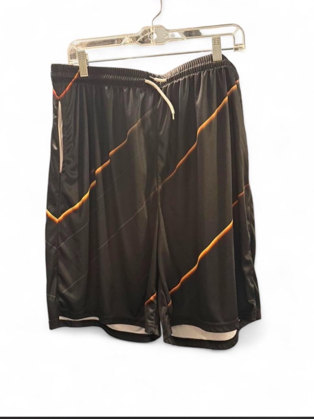 Athletic men’s shorts xxl black with orange gradient stripes pattern